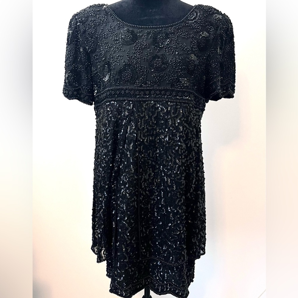 Vintage Laurence Kazar New York Black Silk Beaded Sequin Prom Fairy Dress XL